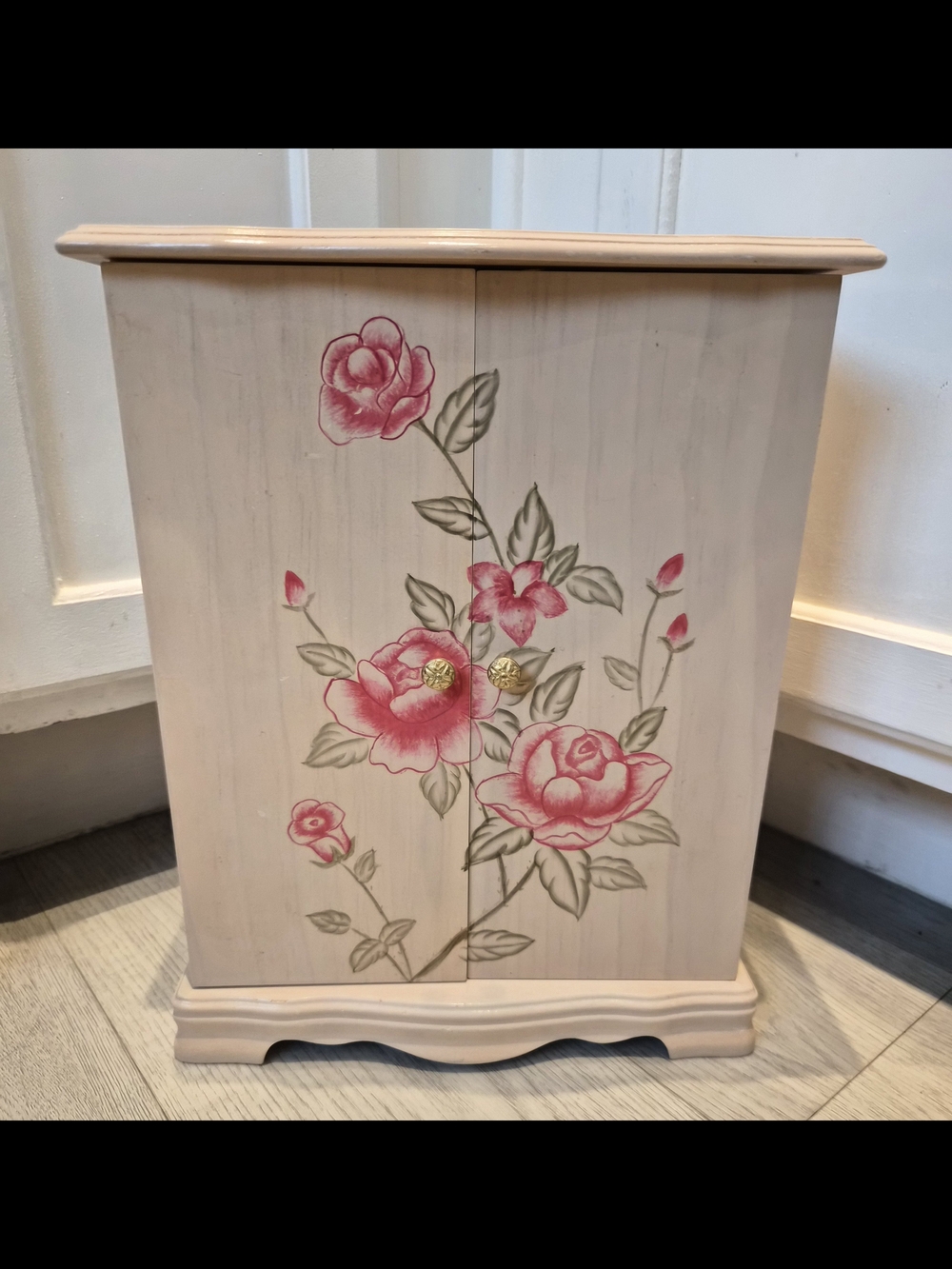 Vintage Pink Floral Jewelry Cabinet - Painted Wood Organizer
